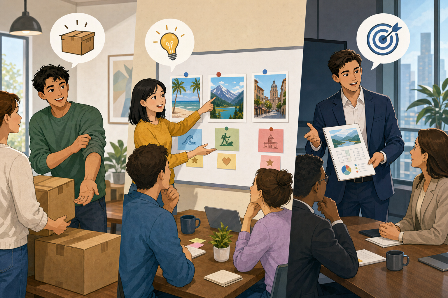 offer, suggest, propose の違いを示す挿絵