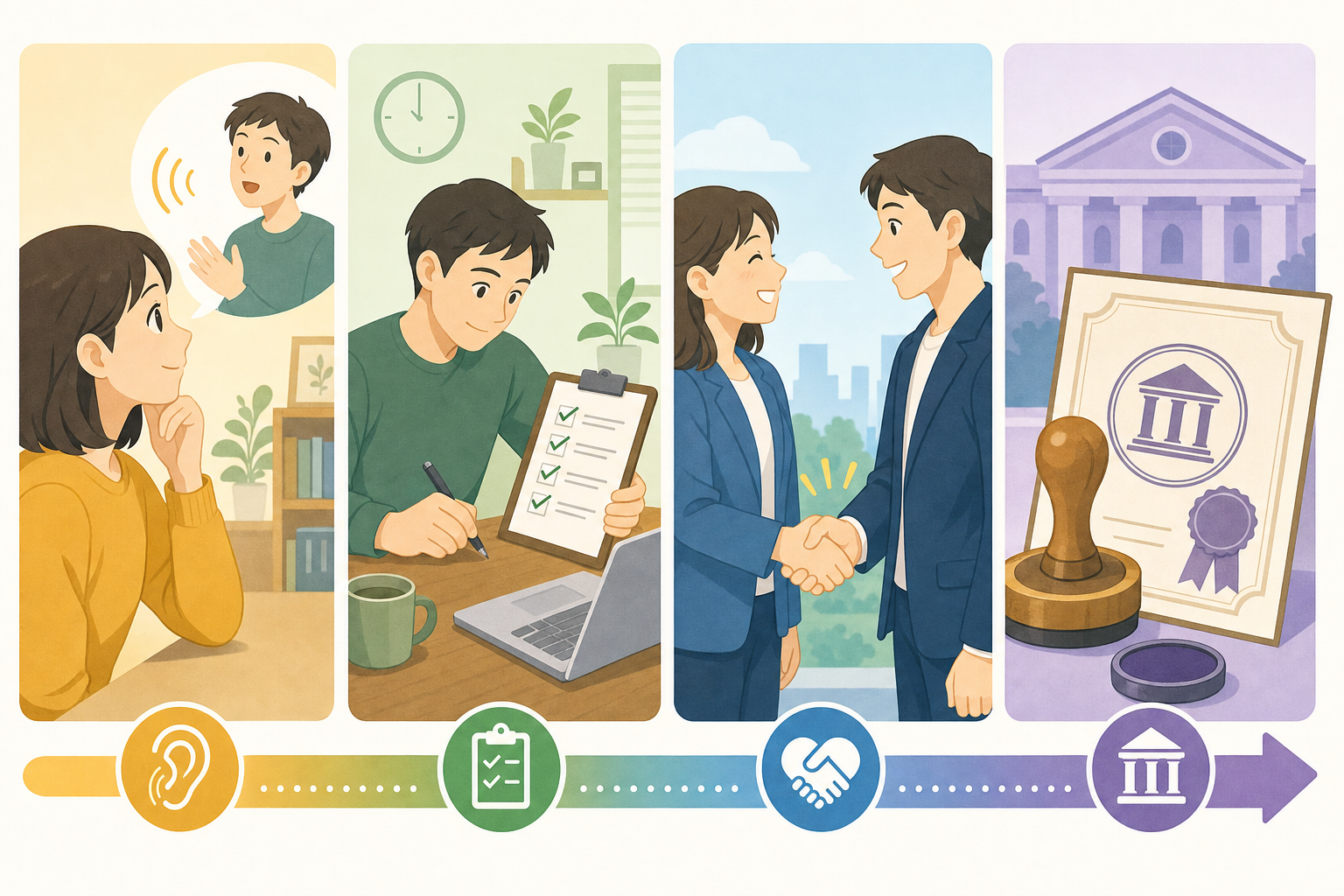 believe, rely on, trust, credit/accredit の段階を示す挿絵